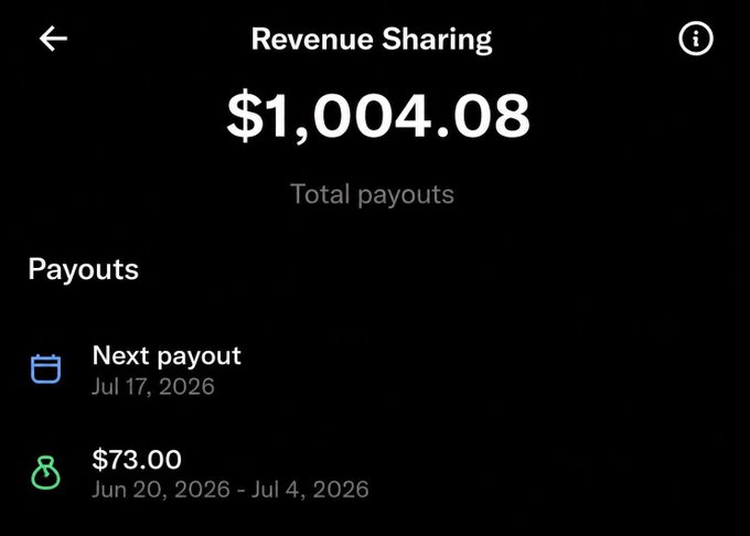 A screenshot of a "Revenue Sharing" page showing $1,004.08 in total payouts, with a recent $73.00 payout dated Jun 20, 2026 – Jul 4, 2026, and the next payout scheduled for Jul 17, 2026. The image illustrates the poster's earnings from using the X app, which they're showcasing before asking for SOL addresses to send the "stimmy" to.