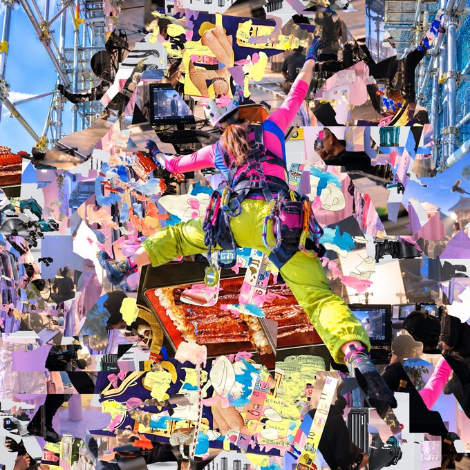 A vibrant, chaotic collage-style artwork featuring a person in neon yellow pants and pink top climbing amid fragmented imagery and colorful elements.
