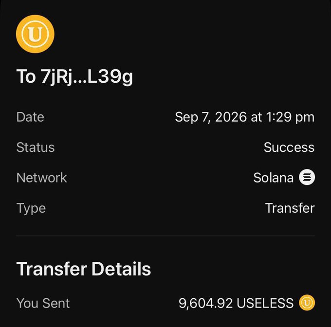 A successful Solana transfer on Sep 7, 2026 shows 9,604.92 USELESS tokens sent to the shortened address 7jRj...L39g.