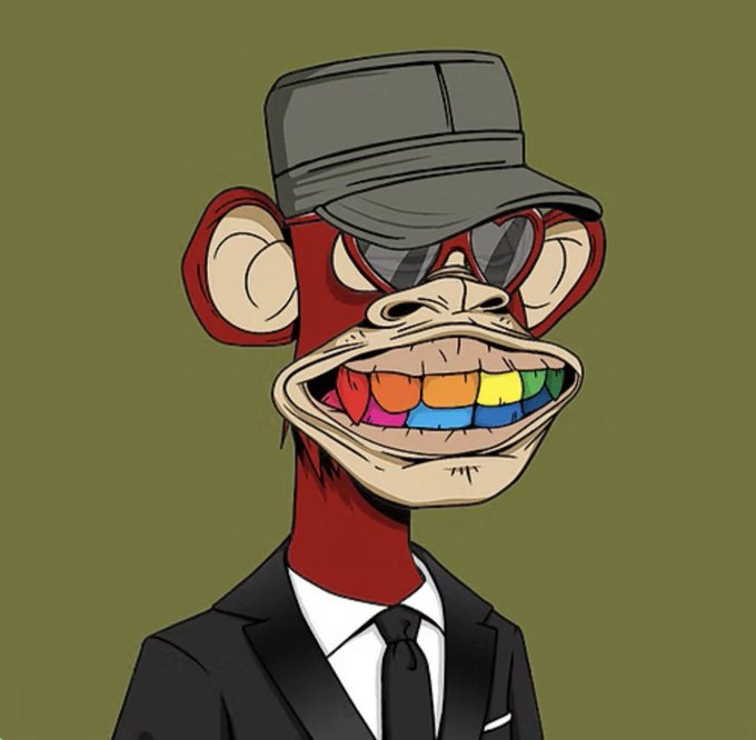 A digital illustration of a red monkey character wearing a gray cap, dark sunglasses, a black suit, white shirt, and black tie, featuring rainbow-colored teeth.