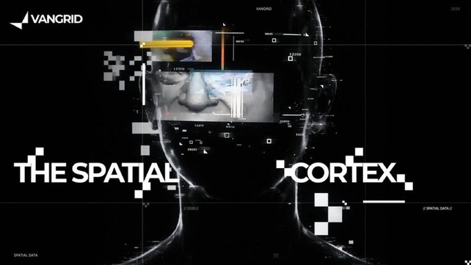 The image is a futuristic graphic featuring a translucent human head overlaid with grid lines, pixelated squares, and digital data points, displaying the text "VANGRID," "THE SPATIAL CORTEX," and "SPATIAL DATA."

It visually reinforces the post's argument that embodied AI requires a 3D understanding of distance, scale, and depth—not just visual recognition—symbolizing a "spatial cortex" where AI processes the geometry of the physical world.