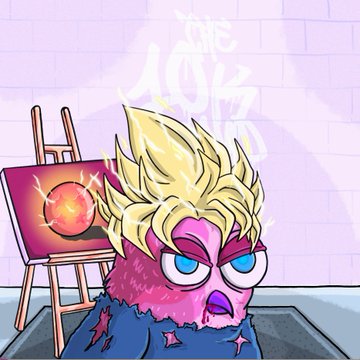 A vibrant cartoon character with fiery yellow hair and a pink furry outfit poses confidently next to an easel displaying "The 10K" artwork, visually representing the user's flex of their @the10kSquad NFT collection in contrast to others showcasing their @ChogNFT holdings.