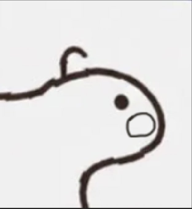 A simple black and white cartoon drawing of a shocked or surprised blob-like character with a small mouth wide open and one large dot for an eye.