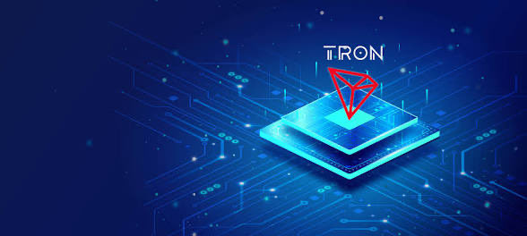A digital promotional graphic for 'TRON' showing a red diamond logo above a glowing blue microchip on a dark blue circuit board background.