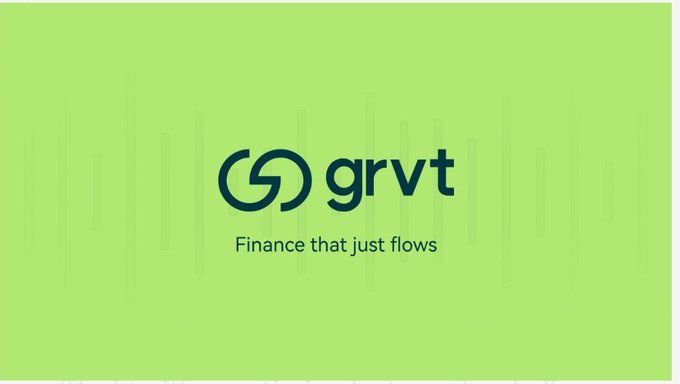 The image shows the Grvt logo with a stylized "G" symbol next to the text "grvt" and the tagline "Finance that just flows" on a green background. This aligns with the post celebrating Grvt's patient approach of building their product—a hybrid CEX/DEX exchange—before launching the $GRVT token on July 21.