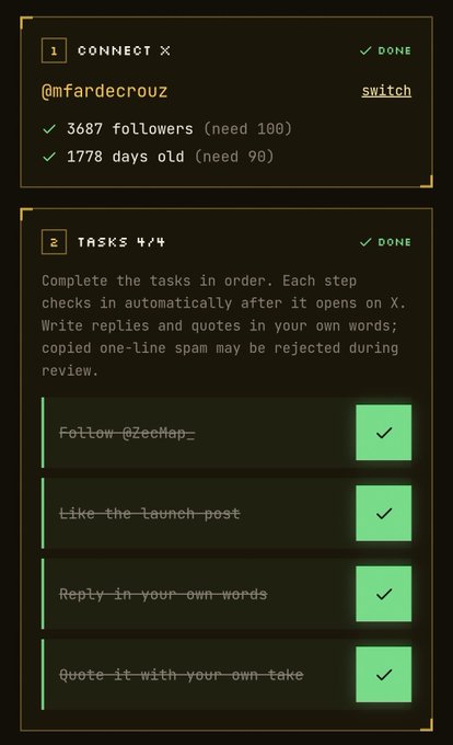A mobile app interface showing completed social media tasks on X (Twitter) with two sections: 'CONNECT' (@mfardecrouz with 3687 followers and 1778 days old) marked DONE, and 'TASKS 4/4' showing completed steps including follow, like, reply, and quote actions with green checkmarks.