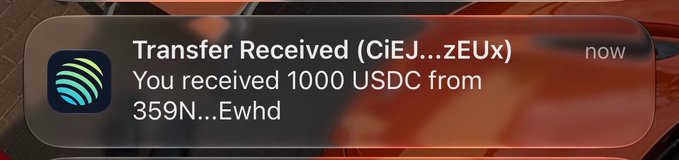 A smartphone notification shows a Transfer Received of 1000 USDC from an anonymous wallet (359N...Ewhd) to the recipient's wallet (CiEJ...zEUx), visually confirming the ~$1k giveaway payout mentioned in the post.