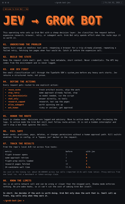 A dark-themed markdown document titled 'JEV → GROK BOT' containing an operating note with numbered sections explaining how to set up and use Grok Bot for task routing and research.