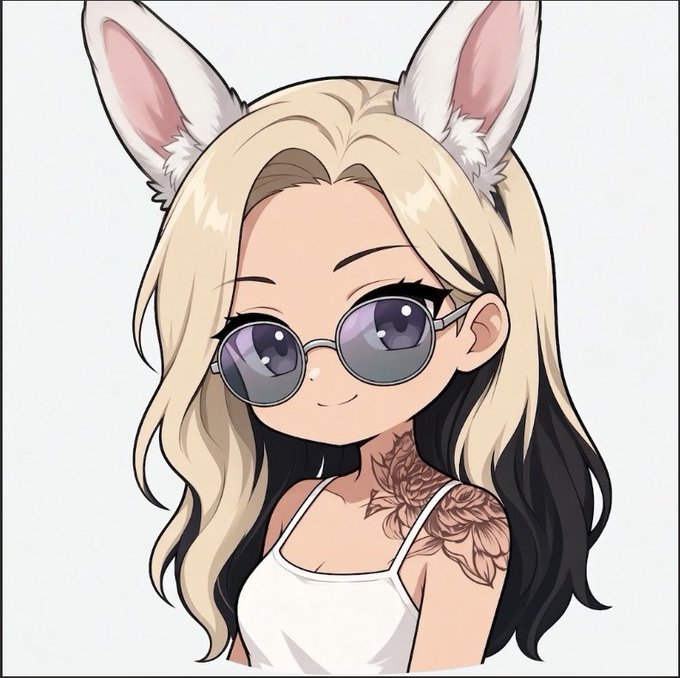 Anime-style illustration of a blonde girl with white bunny ears, dark round sunglasses, and a floral tattoo on her shoulder wearing a white tank top.