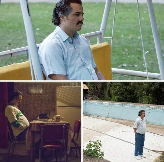 A collage of three photos showing a man with a mustache sitting on a yellow bus seat, sitting at a small table, and standing by a pool, all in vintage settings.