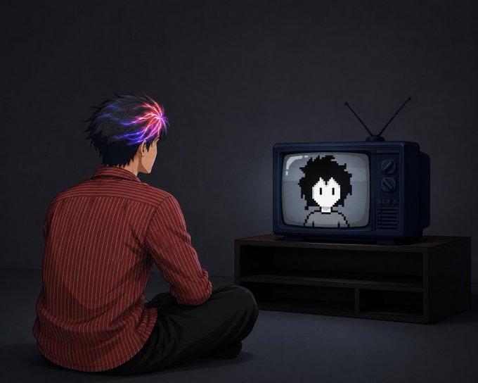 An anime-style illustration shows a young man with colorful purple and pink highlights in his hair sitting cross-legged on the floor, watching a pixelated character on a retro television set against a dark background.