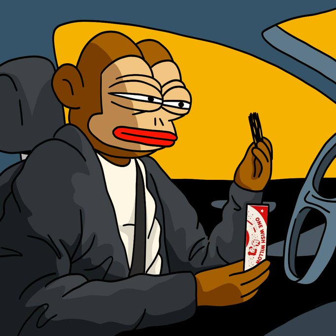 The image shows a cartoon ape with a weary expression sitting in a car, holding chopsticks in one hand and a takeout box labeled "ONE WISH MILLION" in the other. This ties into the post's theme by depicting a dejected "trencher" who feels underappreciated, holding out for the elusive "one wish million" payday rather than any memecoin.