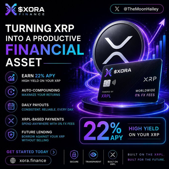 This image promotes XORA Finance, highlighting features like 22% APY on XRP, auto-compounding, daily payouts, and XRPL-based payments. It visually represents XRP as a financial asset, with the XORA card and branding prominently displayed.