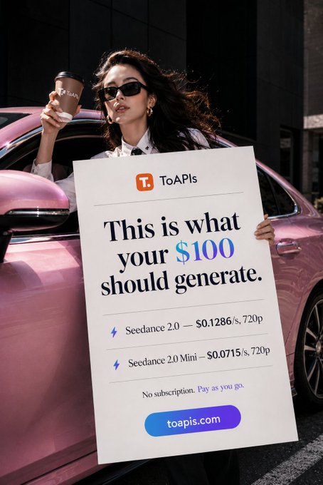 The sign held by the woman advertises ToAPIs' "Seedance 2.0" and "Seedance 2.0 Mini" options, with costs listed as "$0.1286/s, 720p" and "$0.0715/s, 720p" respectively, implying it relates to the post's call to switch to the lowest-cost channel before "Seedance 2.5".