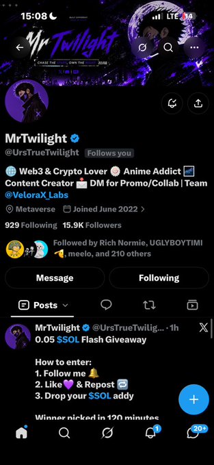 A screenshot of the X (formerly Twitter) profile for 'MrTwilight' (@UrsTrueTwilight), featuring a giveaway for '0.05 $SOL' with instructions to follow, like, repost, and drop a wallet address.