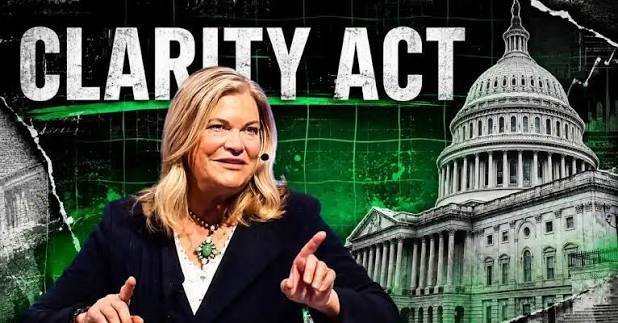 The graphic features Senator Cynthia Lummis speaking, overlaid on a green-tinted backdrop with the U.S. Capitol dome and the bold text "CLARITY ACT," visually tying her recent comments about the stalled crypto legislation to the bill's ongoing congressional journey.