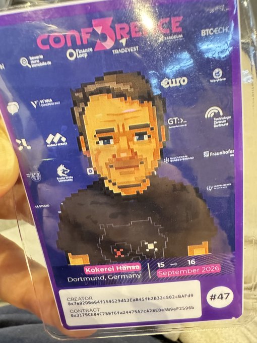 A pixel-art trading card for "CONF3RENCE" features a blocky portrait of a young man, labeled with "Kokerell Hamsa, Dortmund, Germany, September 2026" and #47, alongside creator and contract addresses.