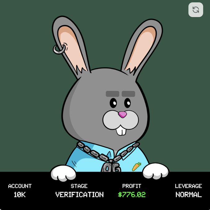 A cartoon rabbit character with gray fur, an ear piercing, a chain necklace, and a carrot on its shirt, displayed as a trading interface showing "ACCOUNT 10K, STAGE VERIFICATION, PROFIT $776.02, LEVERAGE NORMAL."