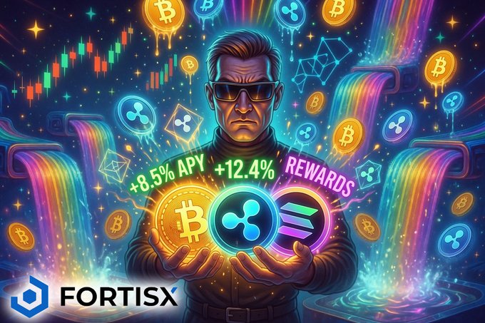 A vibrant promotional image for FortisX featuring a man in sunglasses holding Bitcoin and XRP coins, with text advertising '+8.5% APY', '+12.4%', and 'REWARDS' against a cosmic, colorful background.