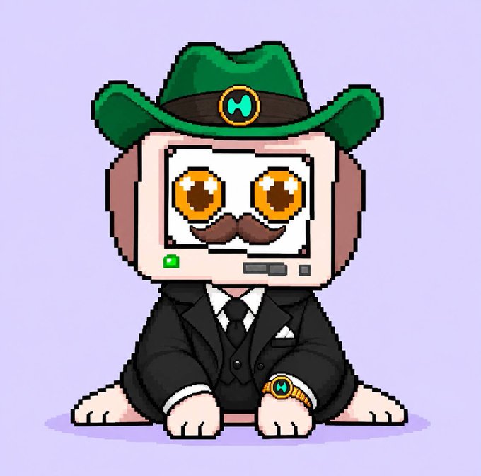 A pixel art character with a TV for a head wearing a green cowboy hat and a black suit with a watch, displayed on a purple background.