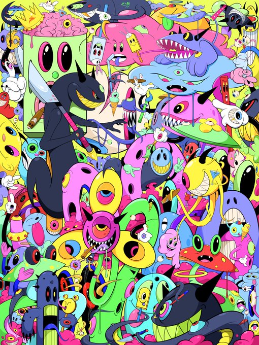 A vibrant, densely packed cartoon illustration filled with colorful monsters, slimes, eyeballs, characters, and pop-culture references in a graffiti/sticker-art style on a bright green background.