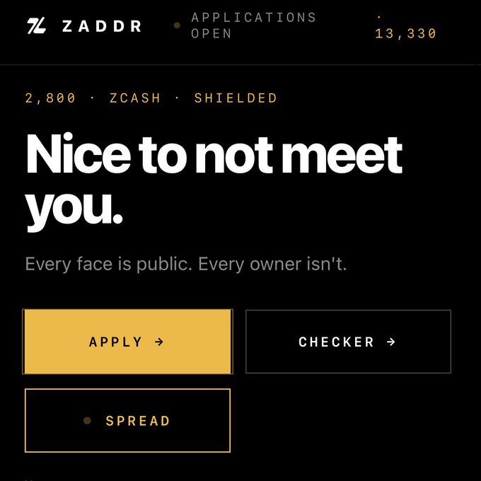 A dark promotional webpage for ZADDR featuring 'Nice to not meet you' tagline with 'Every face is public. Every owner isn't.' and buttons for APPLY, CHECKER, and SPREAD.