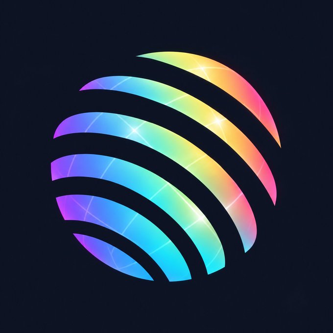 A stylized circular logo composed of curved, segmented bands featuring vibrant gradients of blue, purple, green, yellow, and pink against a dark background, with sparkles highlighting the design.