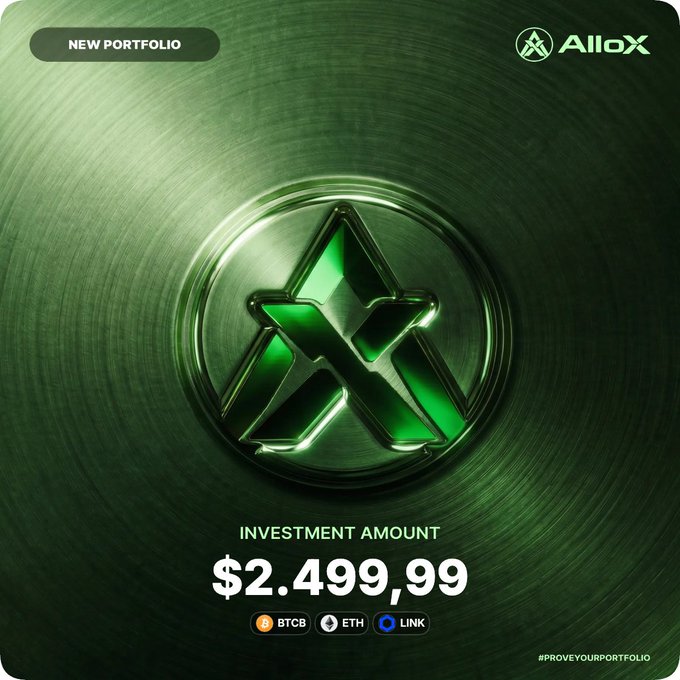 Promotional graphic for AlloX crypto portfolio showing a green metallic 3D logo, 'NEW PORTFOLIO' tag, an investment amount of $2,499.99, and accepted coins BTCB, ETH, and LINK with hashtag #PROVEYOURPORTFOLIO.