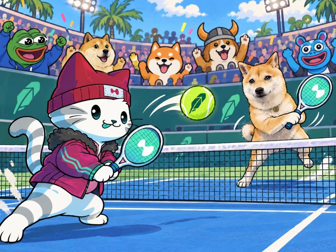 A colorful illustration features a cartoon cat wearing a red beanie and jacket playing tennis against a Shiba Inu dog wearing a Viking helmet, watched by an audience of cheering meme animals.
