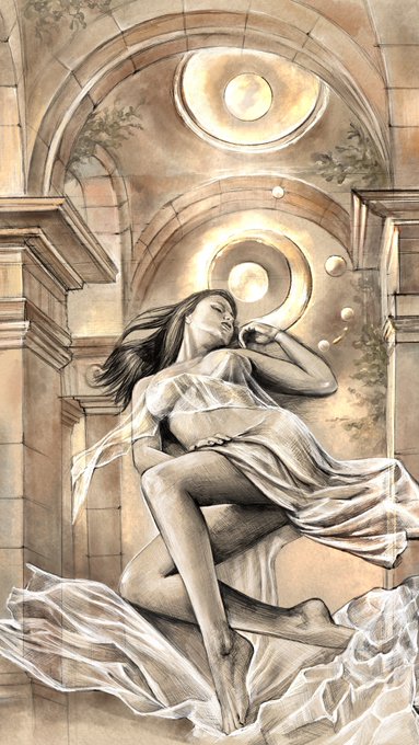 A pencil sketch depicts a woman reclining gracefully within an arched architectural setting featuring circular window openings.