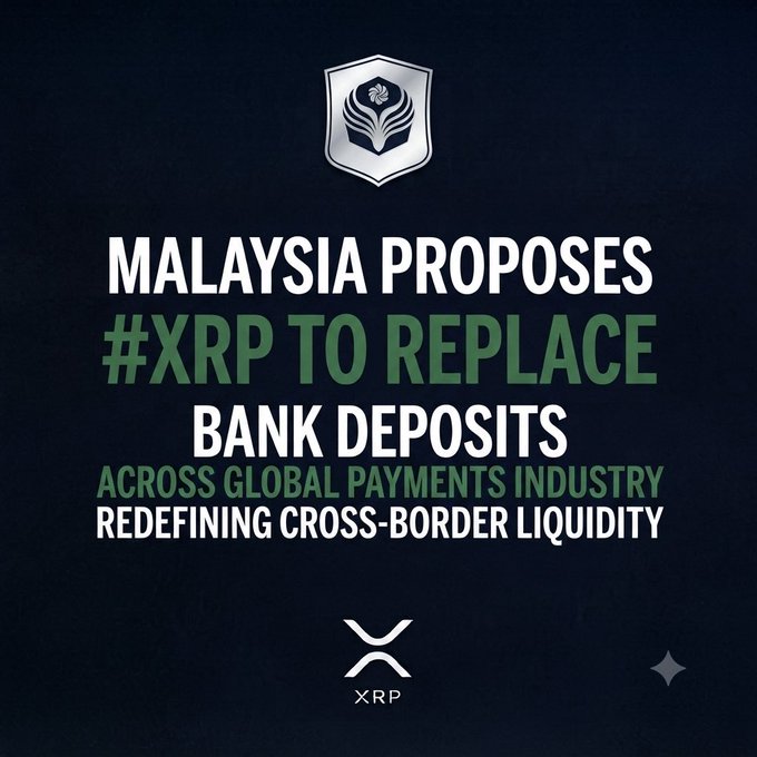 A graphic with text stating 'MALAYSIA PROPOSES #XRP TO REPLACE BANK DEPOSITS ACROSS GLOBAL PAYMENTS INDUSTRY REDEFINING CROSS-BORDER LIQUIDITY,' featuring a shield emblem and the XRP logo.