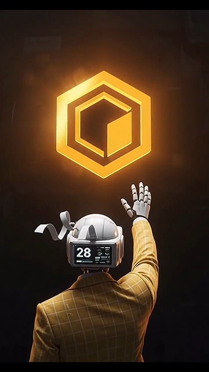 Digital artwork depicting a robotic figure with a TV-screen head displaying '28' wearing a plaid blazer, raising a metallic hand toward a glowing golden hexagonal crypto coin floating above.