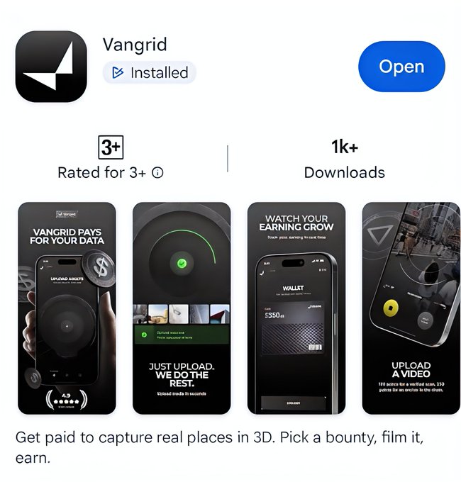An app store listing for Vangrid, which pays users to capture 3D scans of real places, showing the app icon, an 'Open' button, and screenshots of the interface.