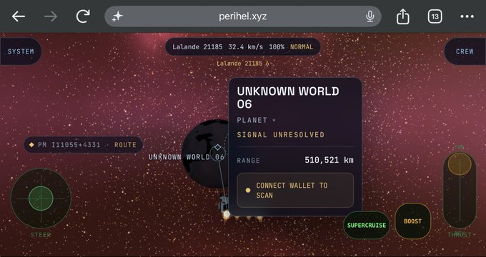 A space exploration video game screenshot showing a ship approaching an 'UNKNOWN WORLD 06' planet labeled 'SIGNAL UNRESOLVED' at a range of 510,521 km, with an interface displaying 'SUPERCRUISE', 'BOOST', and 'THROTTLE' controls.