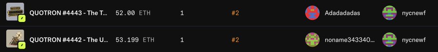 Two Quotron NFTs (#4442 and #4443) are listed for sale at 52.00 ETH and 53.199 ETH, respectively, from sellers Adadadadas and noname343340—well above the 1 ETH floor mentioned in the post, illustrating the higher-priced tier of the collection.