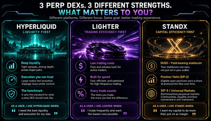 An infographic titled '3 PERP DEXs. 3 DIFFERENT STRENGTHS. WHAT MATTERS TO YOU?' comparing Hyperliquid (Liquidity First), Lighter (Trading Efficiency First), and StandX (Capital Efficiency First), each highlighting unique features and user scenarios.