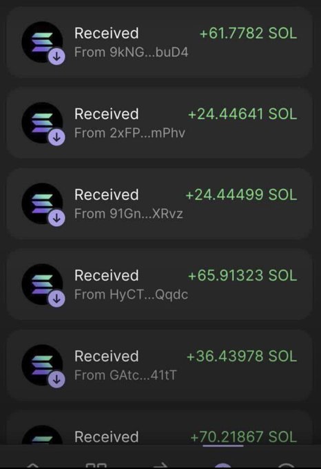 A screenshot of a cryptocurrency transaction history showing multiple received Solana (SOL) payments of varying amounts (e.g., +61.7782 SOL, +65.91323 SOL) from different anonymous wallet addresses.