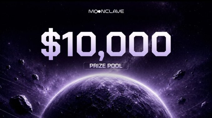 The image shows a promotional graphic with a cosmic, space-themed background featuring a large planet and asteroids, displaying "MOONCLAVE" at the top and "$10,000 PRIZE POOL" in bold text, which directly visualizes the $10,000 reward mentioned in the post about the community leaderboard campaign.