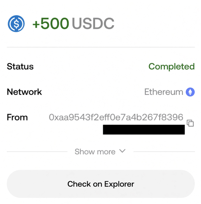 A completed cryptocurrency transaction on the Ethereum network showing a transfer of +500 USDC from a redacted wallet address.