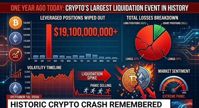 A news infographic commemorating 'One Year Ago Today: Crypto's Largest Liquidation Event in History,' showing over $19.1 billion in leveraged positions wiped out with pie charts, a volatility timeline, and a panic selling spike dated October 10, 2026.