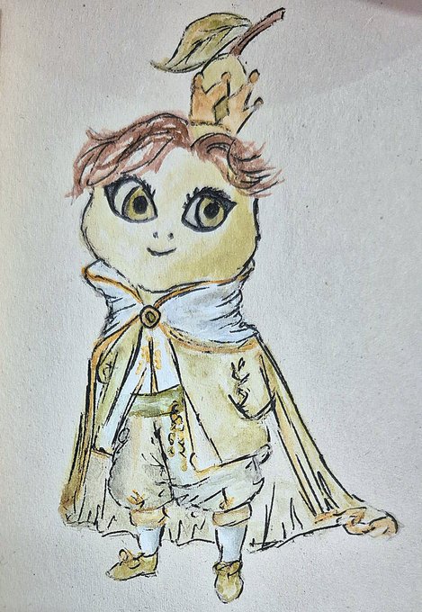 A watercolor and ink illustration of a chibi-style character with large green eyes, brown hair, and a feathered headpiece, wearing a yellowish cloak.