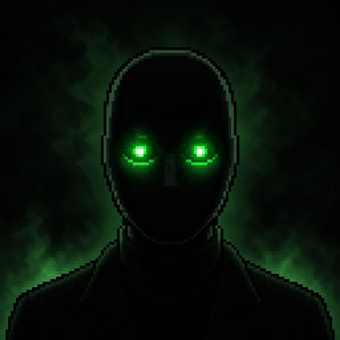 A pixelated shadowy humanoid figure with glowing green eyes emerges from dark green mist, creating a mysterious, ominous aesthetic that pairs with the celebratory NFT mint announcement to evoke an exclusive, "insider" digital art vibe.