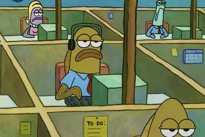 A cartoon image of fish-like characters in office cubicles, with a central character wearing headphones and looking bored at his desk, a 'TO DO:' list visible, and other distracted colleagues in the background.