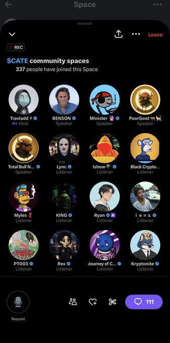 A Twitter/X Spaces interface for "SCATE community spaces" with 337 people joined, showing multiple speaker and listener avatars including Travadd, BENSON, Minister, PoorGoat, and others, with 111 listeners indicated.