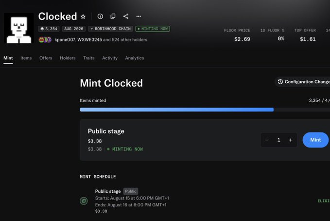 A screenshot of an NFT minting page for 'Clocked' on the Robinhood Chain, showing a floor price of $2.69, 3,354 holders, and public stage minting available at $3.38.