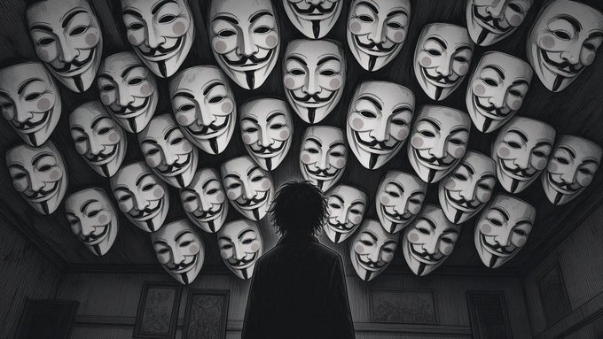 A dark, monochromatic illustration depicts a silhouetted figure looking up at a ceiling covered in numerous Guy Fawkes masks.