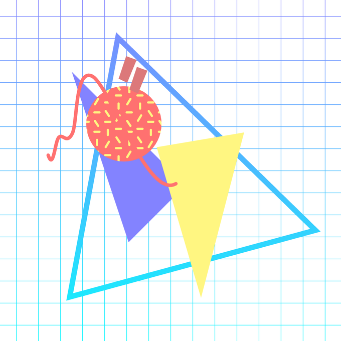 Abstract digital artwork on a blue grid background features overlapping geometric shapes including triangles, a blue diamond, a yellow triangle, and a pink circle covered in yellow sprinkles with red ribbon-like lines.