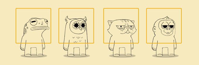 The image features four cartoon characters standing next to each other against a gray background. The characters are depicted as human-like figures with unique facial expressions, including an owl, a cat, a frog, and a monkey. Each character has their own distinct appearance and pose, creating a visually interesting scene that captures the viewer's attention.