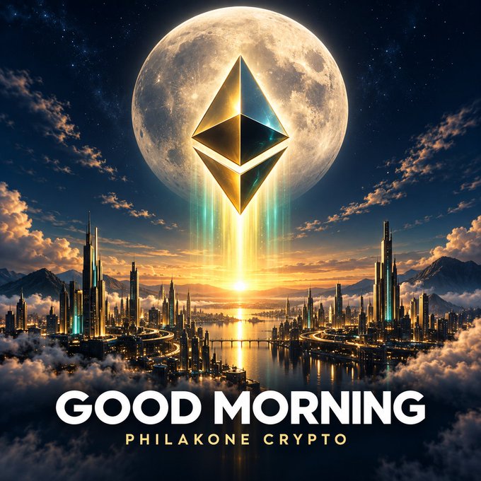 A majestic "GOOD MORNING" graphic features a glowing Ethereum (ETH) diamond logo suspended before a full moon, with golden light beams streaming down onto a futuristic cityscape at sunrise. The text "PHILAKONE CRYPTO" appears at the bottom, complementing the hopeful morning greeting about ETH potentially waking up for clean trades.
