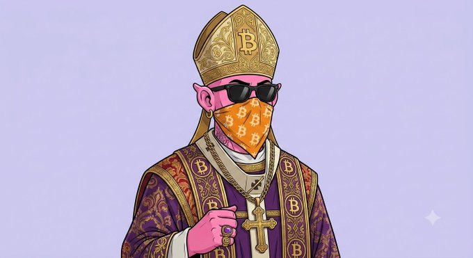 A cartoon illustration depicts "Prophet H0ld," a stylized religious figure wearing sunglasses, an ornate mitre, and a face covering—all adorned with Bitcoin (₿) logos against purple vestments—pointing at the viewer in a knowing gesture. The imagery cleverly merges cryptocurrency culture with a prophetic oracle theme, reinforcing the post's call to action and teasing upcoming reveals from the mentioned artists.